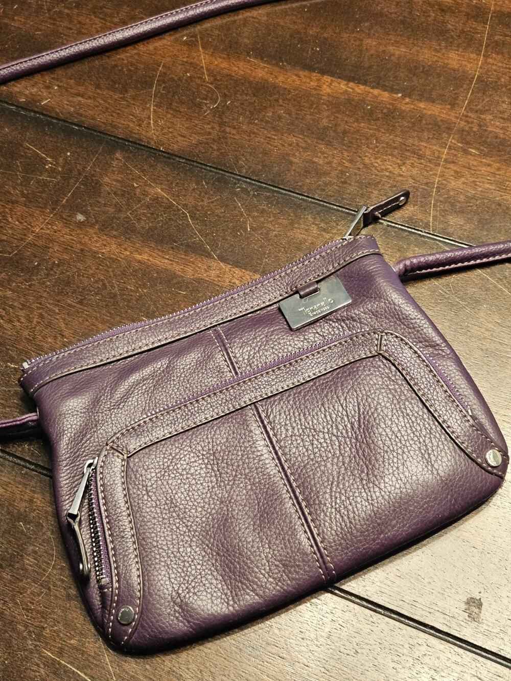 Tignanello Purple Leather Shoulder Bag Small Crossbody Organizer Zip Top Purse